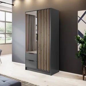 Neue Kollektion Schrank mit Spiegel Aspen 105 cm Grafit / Eiche Artisan Lamellen modernes Design Schranktüren mit dekorativen Lamellen