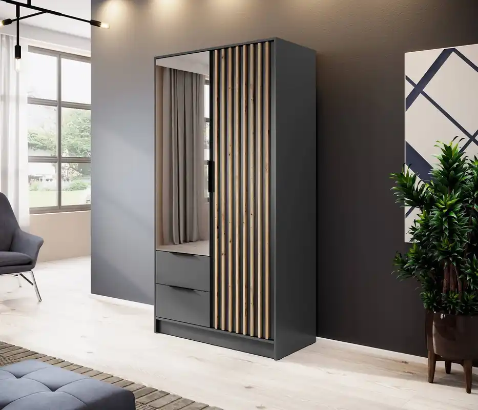 Neue Kollektion Schrank mit Spiegel Aspen 105 cm Grafit / Eiche Artisan Lamellen modernes Design Schranktüren mit dekorativen Lamellen
