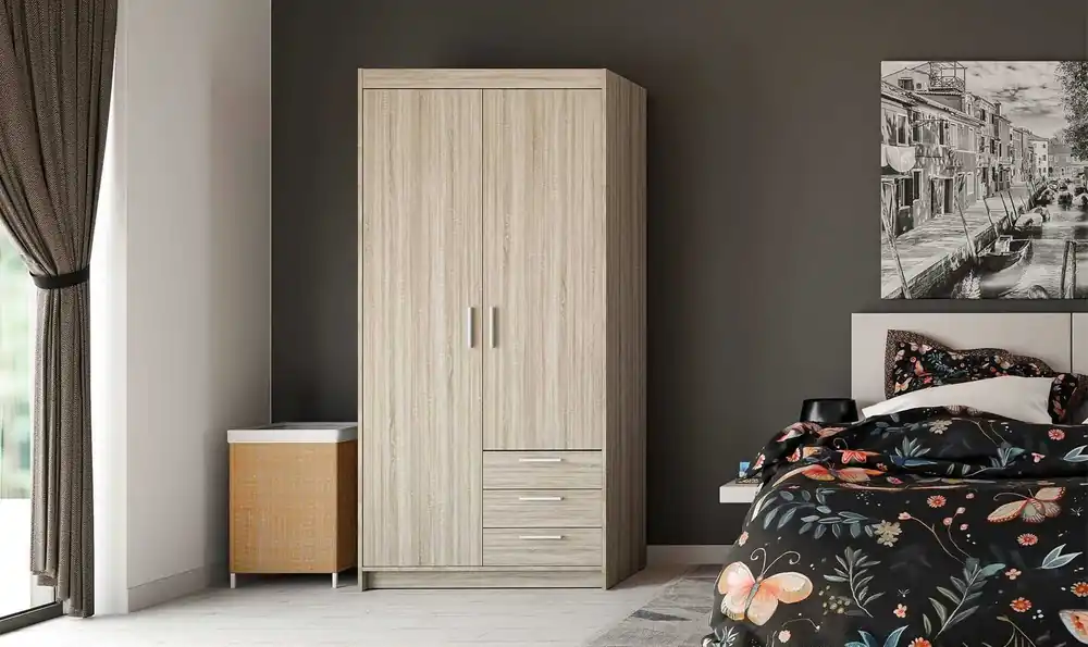 Rene Kleiderschrank 90 cm Eiche hell sonoma stilvolles Design ABS Kanten perfekte Garderobe für Schlafzimmer oder Ankleidezimmer geräumige Schubladen Geprüft
