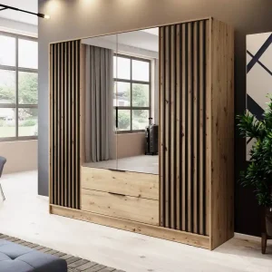 Sofort Bestellen Kleiderschrank mit Spiegel Aspen 206 cm Eiche Artisan / Schwarze Lamellen modernes Design Schranktüren mit dekorativen Lamellen