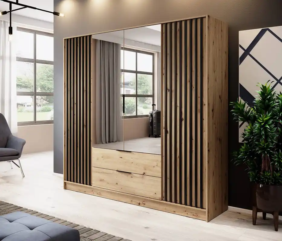 Sofort Bestellen Kleiderschrank mit Spiegel Aspen 206 cm Eiche Artisan / Schwarze Lamellen modernes Design Schranktüren mit dekorativen Lamellen