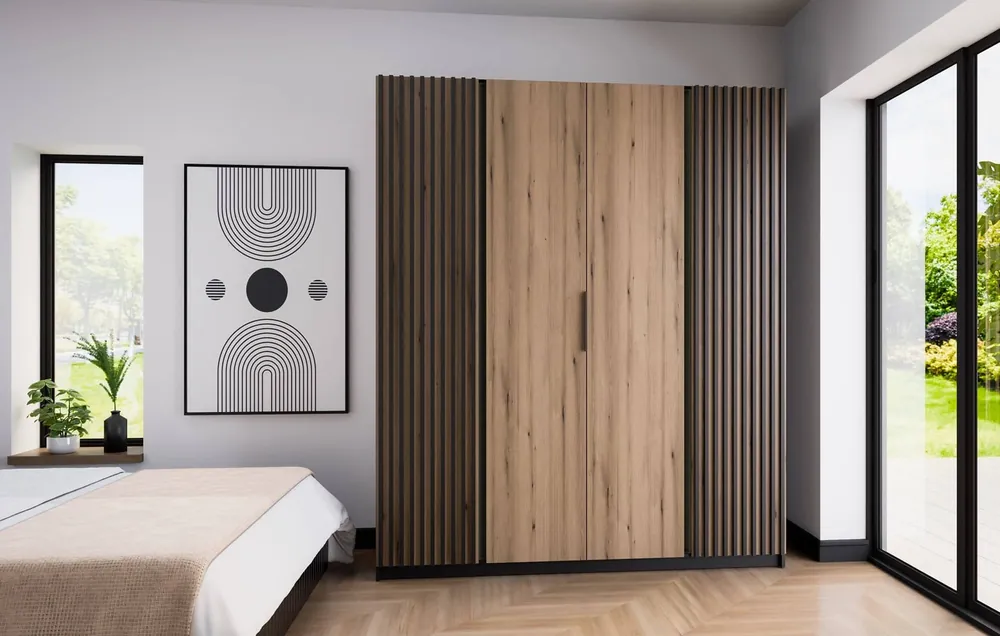 Günstig Kleiderschrank Kastano XI 200 cm schwarz / Eiche evoke modernes Design Kleiderschranktür mit schwarzen Lamellen verziert stilvolle Kante Griffe