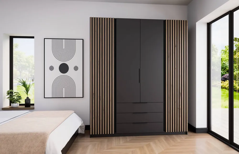 Neue Kollektion Kleiderschrank Kastano IV 200 cm schwarz modernes Design Kleiderschranktür verziert mit Eiche evoke Lamellen Metallkante Griffe