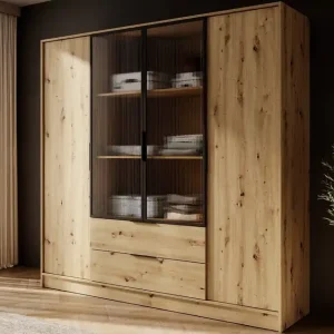 Kleiderschrank Corse 206 cm Eiche handwerklich modernes Design Kleiderschrank mit Glasfronten ideal für Schlafzimmer Kleiderschrank und Büro Kleiderschrank mit Regalen Top-Angebot