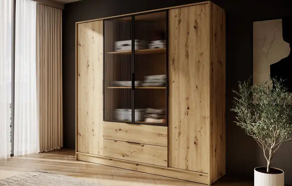 Kleiderschrank Corse 206 cm Eiche handwerklich modernes Design Kleiderschrank mit Glasfronten ideal für Schlafzimmer Kleiderschrank und Büro Kleiderschrank mit Regalen Top-Angebot