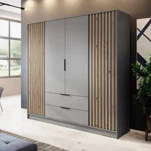 Versand Am Gleichen Tag Kleiderschrank Aspen 206 cm Grau / Eiche Artisan Lamellen modernes Design Schranktüren mit dekorativen Lamellen