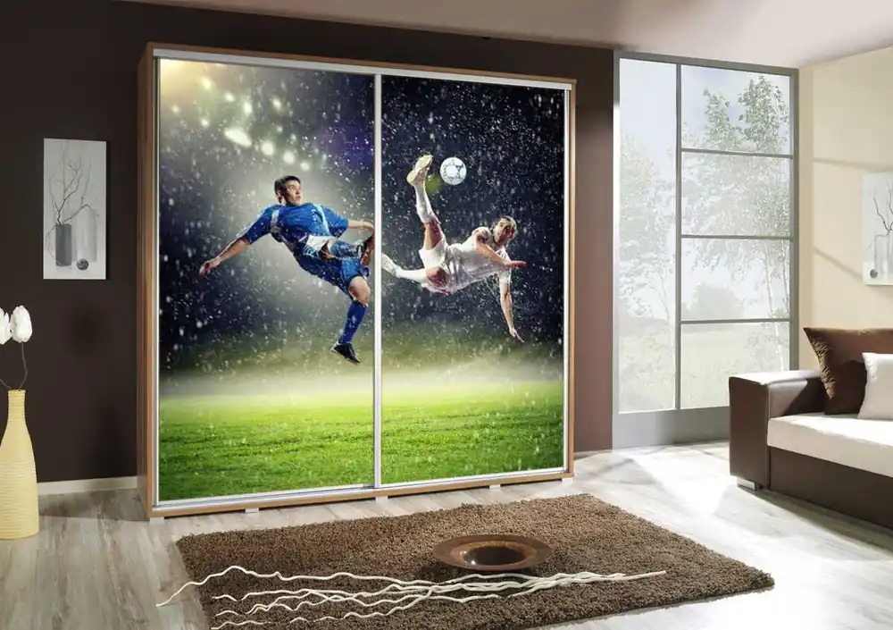 Zertifiziert Artistino 205 cm Schiebeschrank mit Fußballspielergrafik Schrankkorpus in Eiche catania aus 22 mm starker Platte