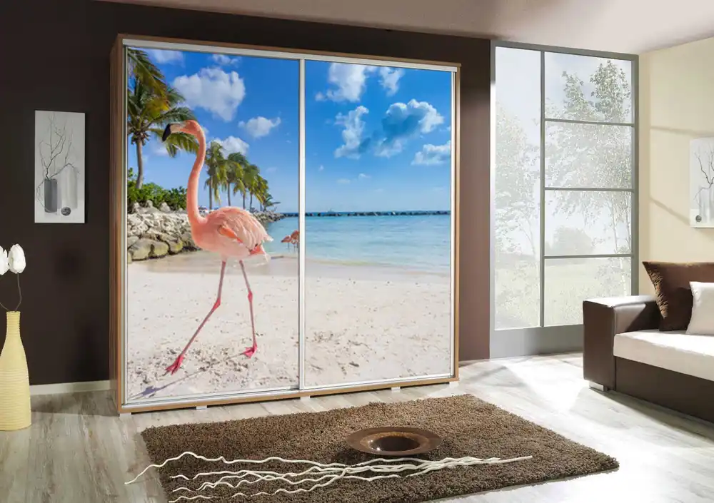 Artistino 205 cm Schiebeschrank mit Flamingo-Grafik Schrankkorpus in Eiche Catania aus 22 mm starker Platte Nur Heute