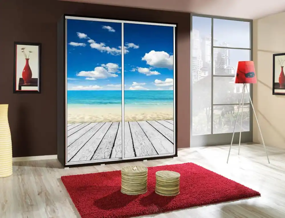 Artistino 155 cm Schiebeschrank mit Strandgrafik wengefarbener Schrankkorpus aus 22 mm starker Platte Garantierte Lieferung