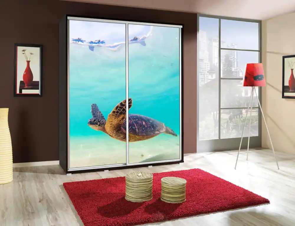 Top-Preis Artistino 155 cm Schiebeschrank mit Schildkrötengrafik Schrankkorpus in wengefarben aus 22 mm starker Platte