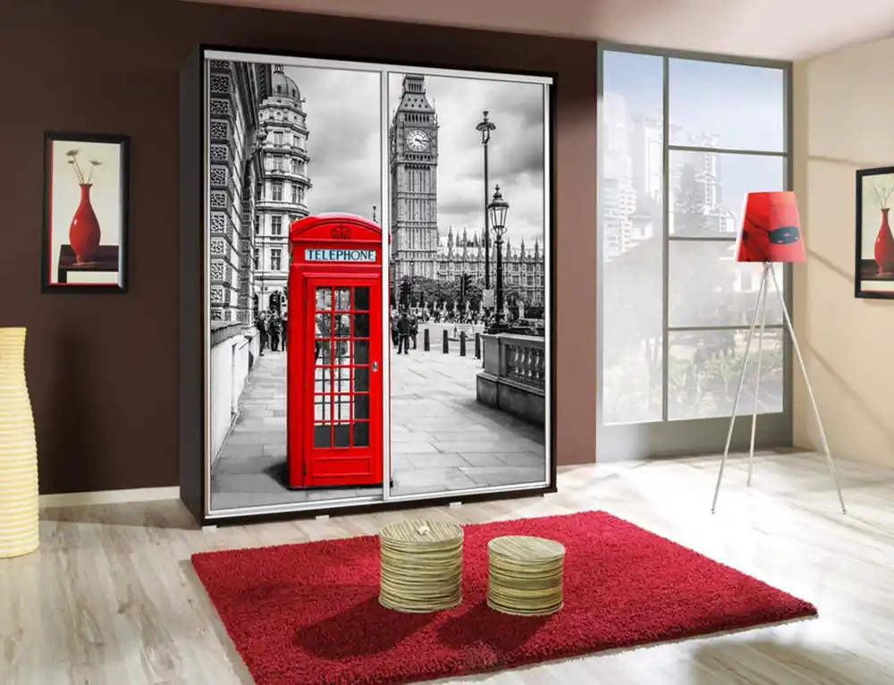 Artistino 155 cm Schiebeschrank mit London-Grafik wengefarbener Schrankkorpus aus 22 mm starker Platte Direktkauf
