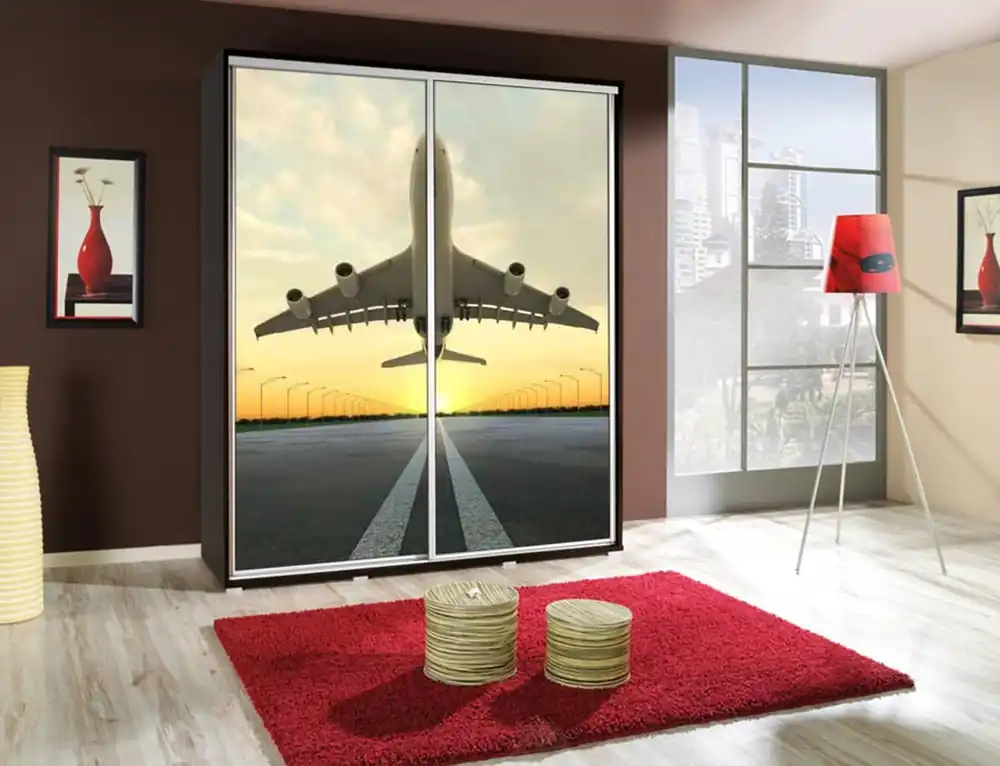 Artistino 155 cm Schiebeschrank mit Flugzeuggrafik wengefarbener Schrankkorpus aus 22 mm starker Platte Garantierte Lieferung