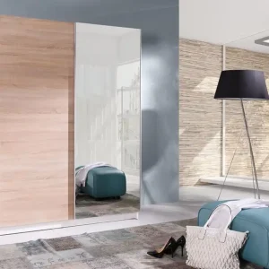 Markenprodukt Schiebeschrank Batumi 5 150 cm weiß / Eiche sonoma hell moderner Kleiderschrank mit Spiegel, ausgestattet mit Aluminium-Türschienen