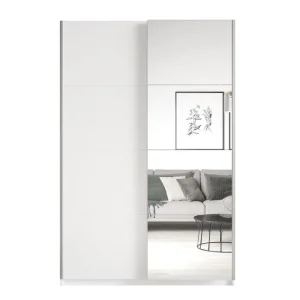 Abverkauf Beta Schiebeschrank 120 cm weiß geräumiger Kleiderschrank mit Spiegel ist perfekt für Räume jeder Größe