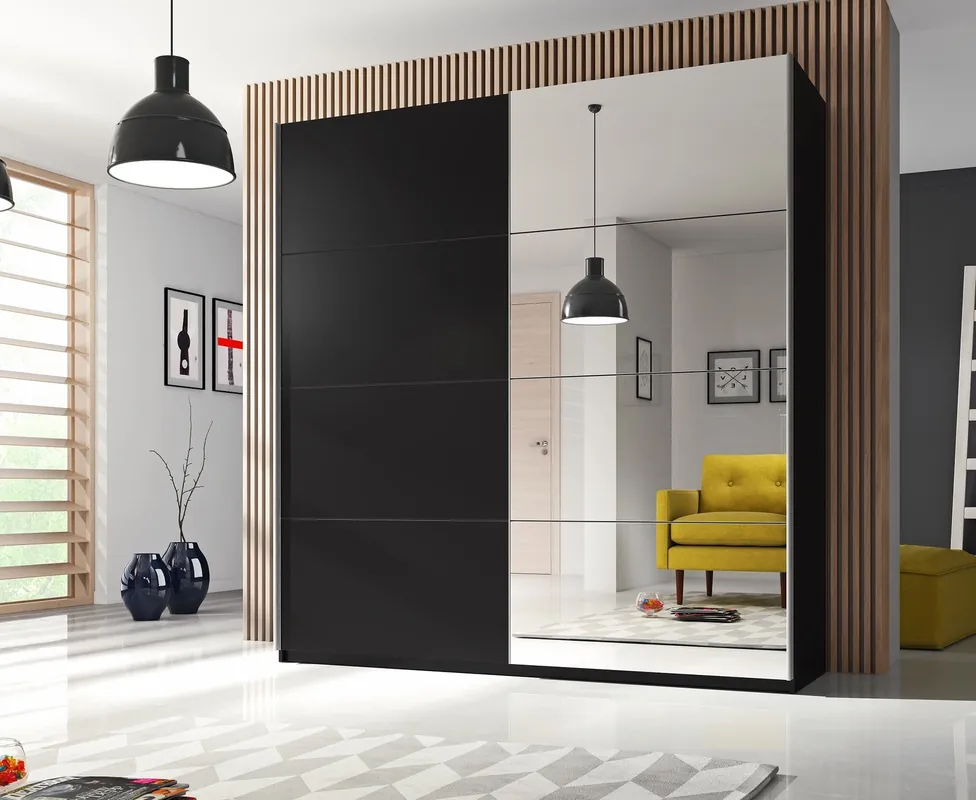 Beta 221 cm Schiebeschrank schwarz geräumiger Kleiderschrank mit Spiegel ist perfekt für Räume jeder Größe Top-Preis