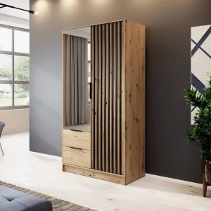 Spiegelschrank Aspen 105 cm artisan Eiche / schwarze Lamellen modernes Möbeldesign Schranktür mit Lamellen verziert Nur Heute