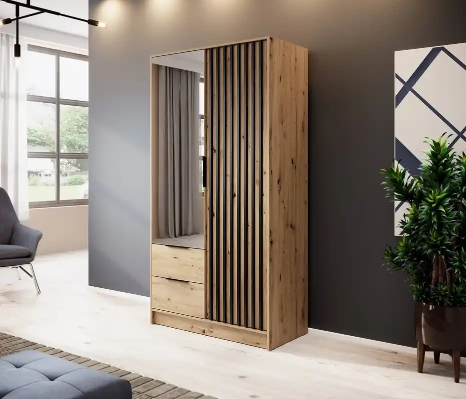 Spiegelschrank Aspen 105 cm artisan Eiche / schwarze Lamellen modernes Möbeldesign Schranktür mit Lamellen verziert Nur Heute