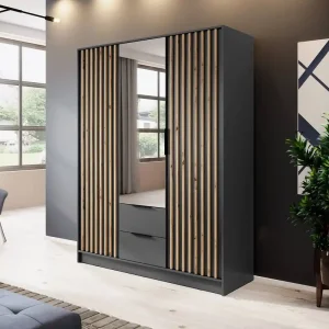 Schrank mit Spiegel Aspen 155 cm Grafit / Eiche Artisan Lamellen modernes Design Schranktüren mit dekorativen Lamellen Markenprodukt