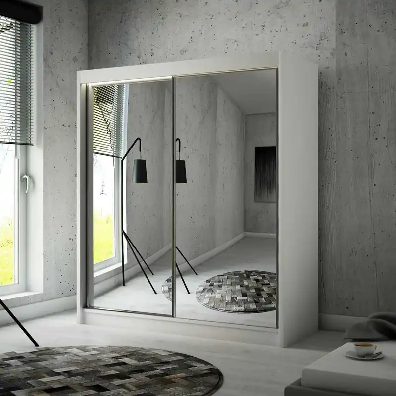 Schiebeschrank Avila 200 cm weiß ergonomischer und sehr funktioneller Schrank in moderner Form mit geometrischen Formen Markenprodukt
