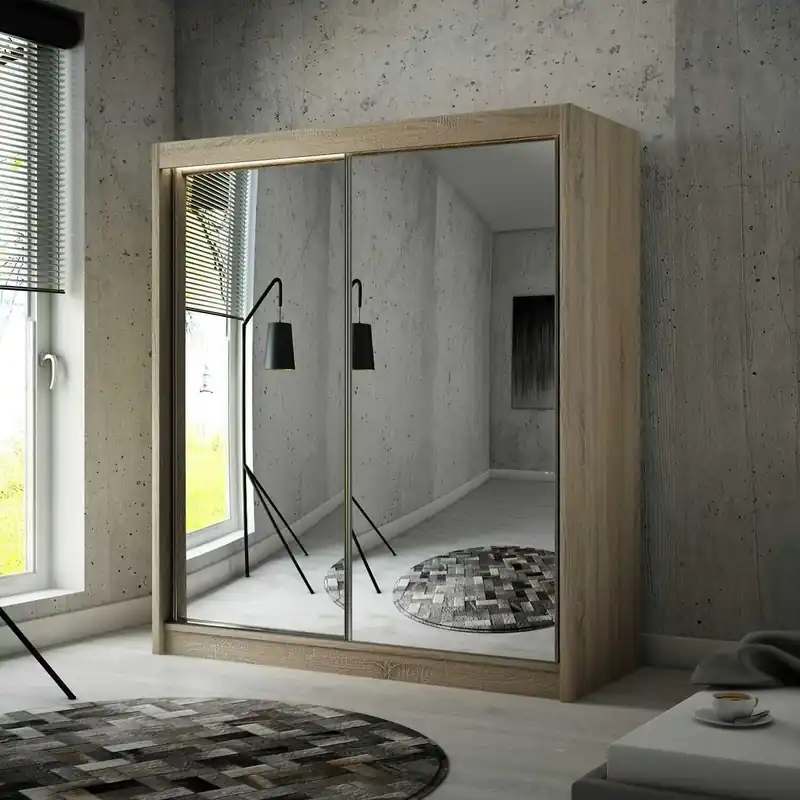 Schiebeschrank Avila 200 cm hell sonoma Eiche ergonomischer und sehr funktioneller Schrank in moderner Form mit geometrischen Formen Neuheit