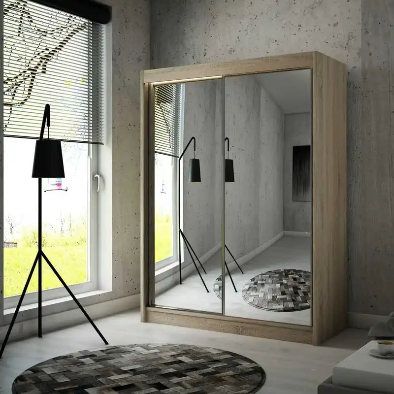 Super-Preis Schiebeschrank Avila 150 cm hell sonoma Eiche ergonomischer und sehr funktioneller Schrank in moderner Form mit geometrischen Formen