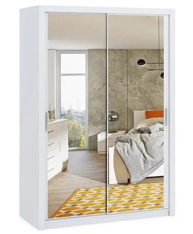 Preiswert Kleiderschrank mit Spiegel Rico 150 cm weiß Funktionsmöbel im klassischen Stil idealer Kleiderschrank für Schlafzimmer oder Ankleidezimmer