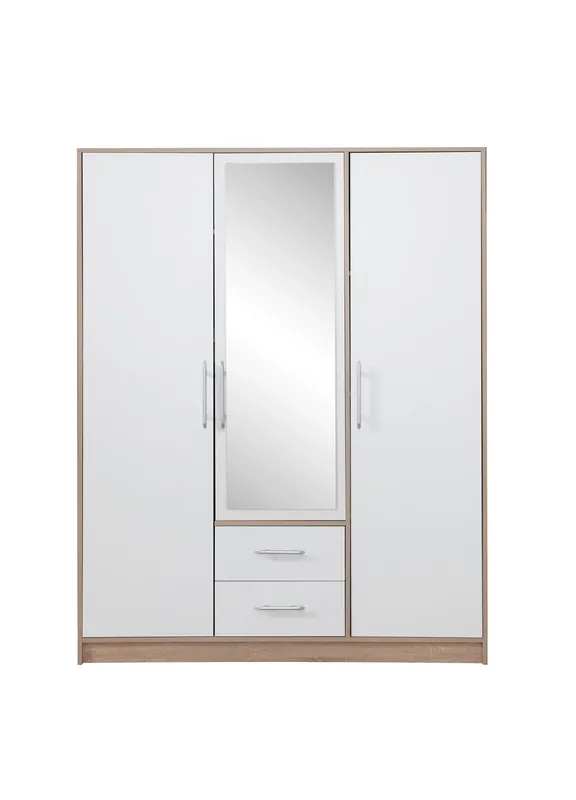 Kleiderschrank mit spiegel Caspe 150 cm Eiche hell sonoma / weiß modernes Design ABS-Finish und Aluminiumgriffe Direktkauf