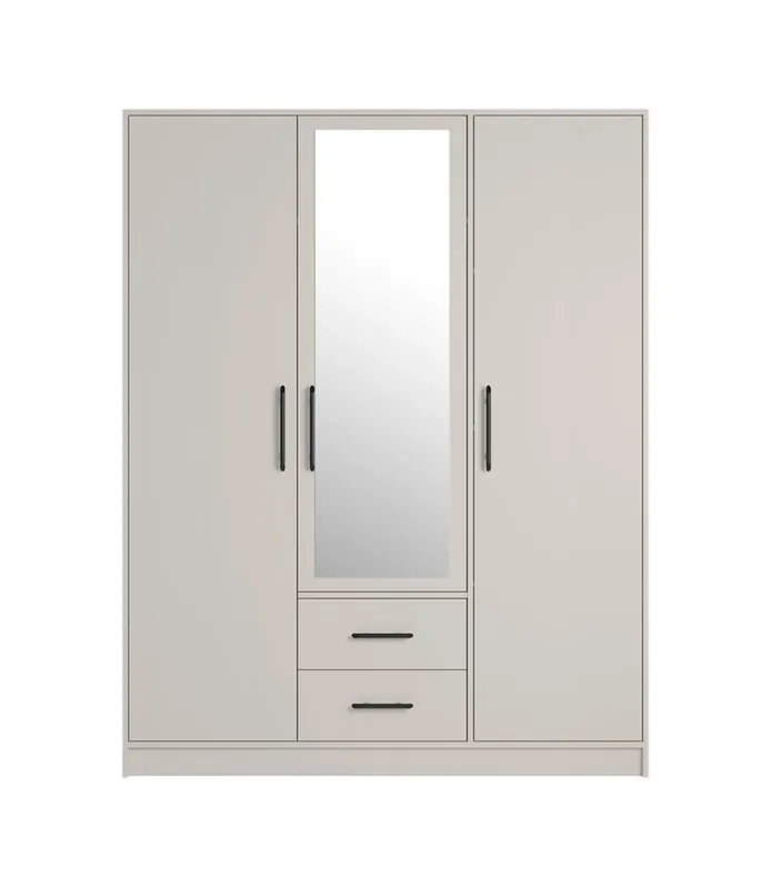 Bestpreis Kleiderschrank mit Spiegel Caspe 150 cm beige modernes Design ABS-Finish und Aluminiumgriffe
