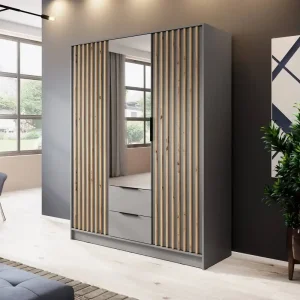 Ausverkauf Schrank mit Spiegel Aspen 155 cm Grau / Eiche Artisan Lamellen modernes Design Schranktüren mit dekorativen Lamellen