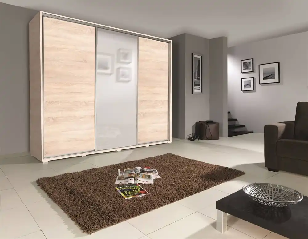 Schiebeschrank mit Spiegel Silwer 255 cm Eiche hell sonoma modernes Design ABS-Finish und Aluminium-Türführungen Echt