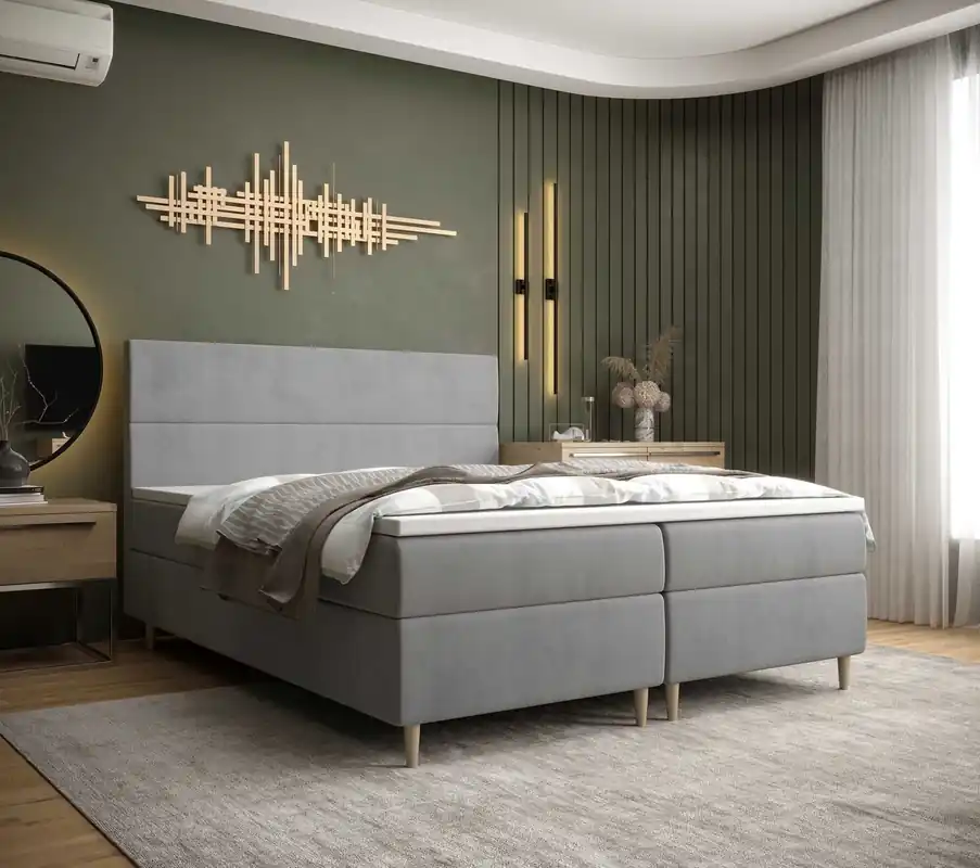 Boxspringbett Bing 160x200 hellgrau im modernen skandinavischen Stil mit markantem Kopfteil Super-Preis