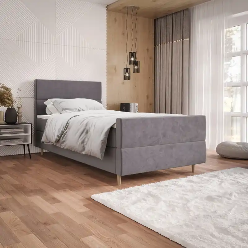 Neue Kollektion Boxspringbett Benet 90x200 hellgrau im modernen skandinavischen Stil mit gepolstertem Kopf- und Fußteil Bett mit Staukasten
