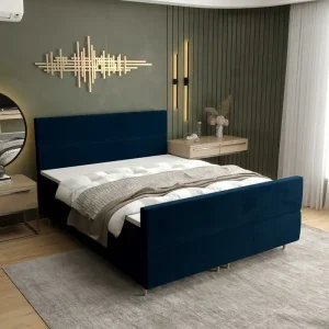 Billig Boxspringbett Benet 140x200 Dunkelblau moderner skandinavischer Stil mit charakteristischem Kopfteil Kontinentale Bett