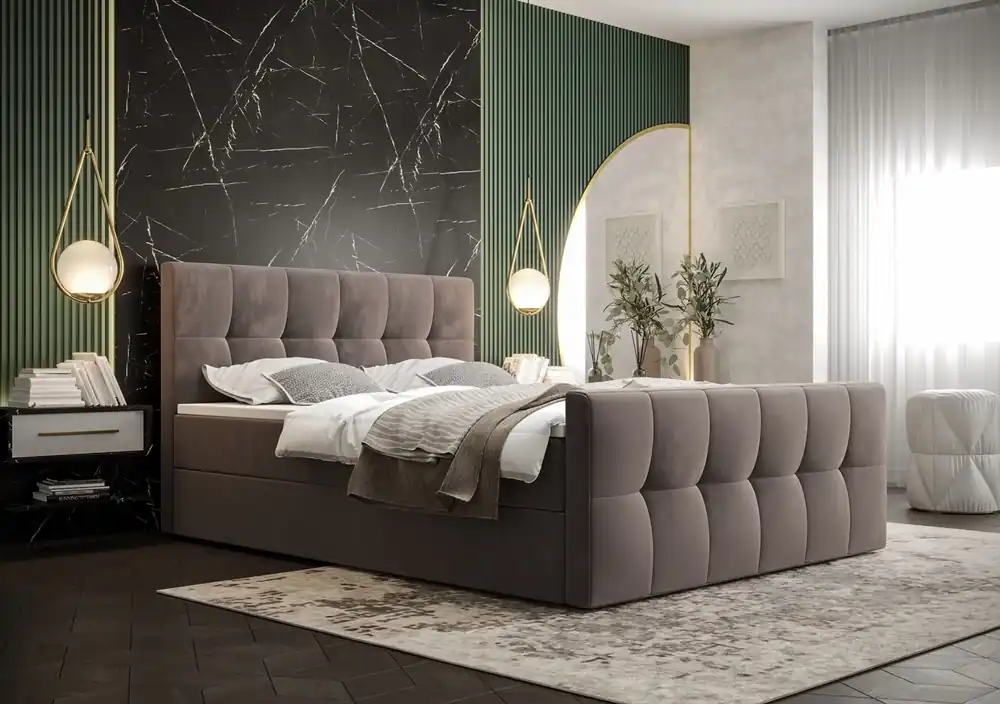 Boxspringbett Manhattan 180x200 hellbraunes Bett im modernen skandinavischen Stil mit gepolstertem Kopf- und Fußteil Ausverkauf