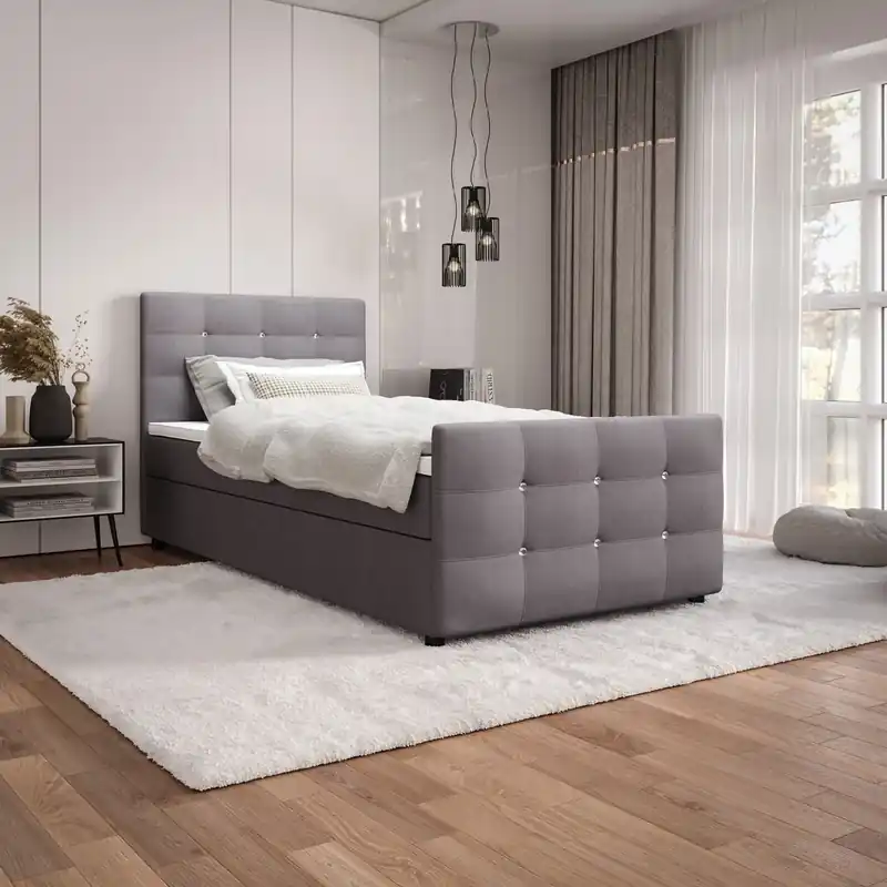 Top-Angebot Boxspringbett Kansas 90x200 grau Bett im modernen skandinavischen Stil mit gepolstertem Kopf- und Fußteil