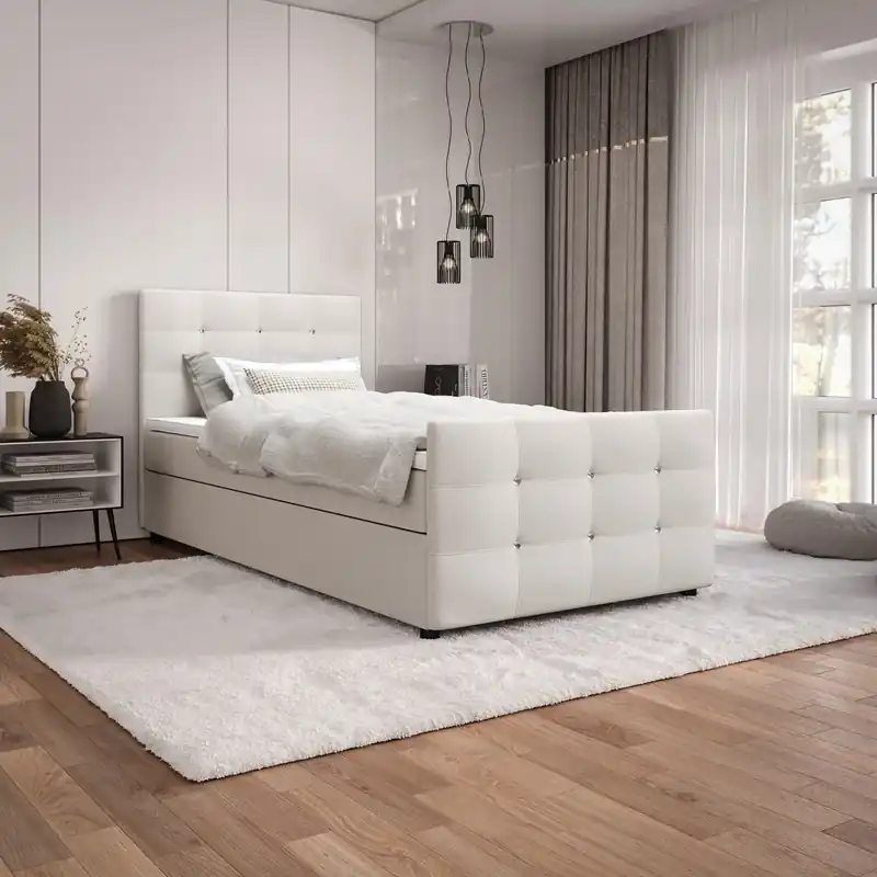 Boxspringbett Kansas 90x200 beige Bett im modernen skandinavischen Stil mit gepolstertem Kopf- und Fußteil Neue Kollektion