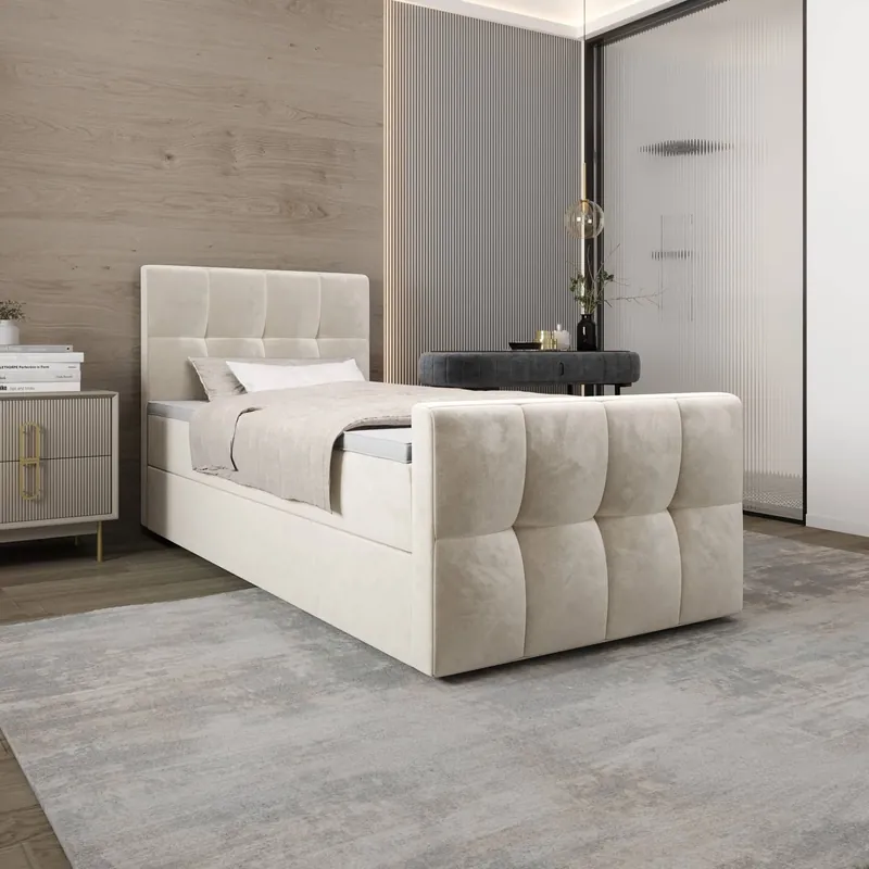 Begrenztes Angebot Boxspringbett Manhattan 90x200 beige Bett im modernen skandinavischen Stil mit gepolstertem Kopf- und Fußteil Bett mit Staukasten