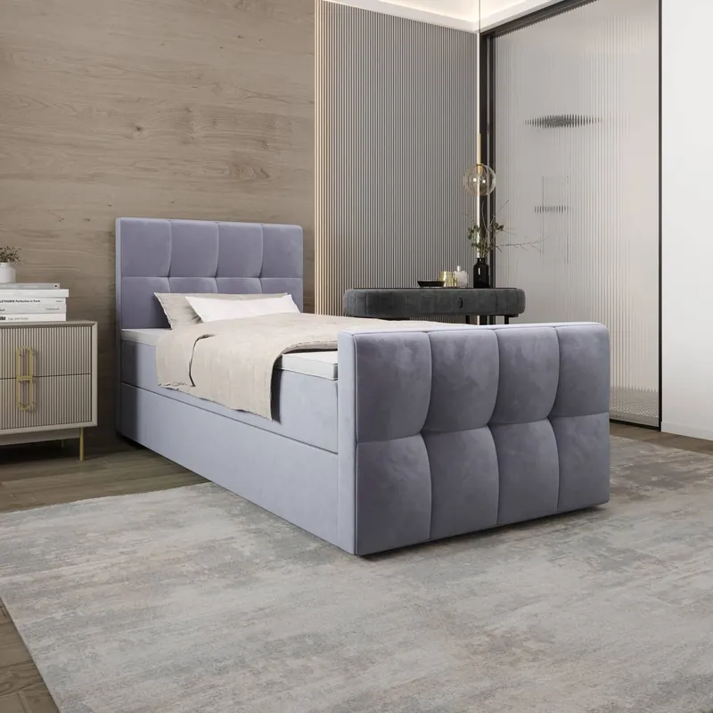 Boxspringbett Manhattan 100x200 hellblau Bett im modernen skandinavischen Stil mit gepolstertem Kopf- und Fußteil Bett mit Staukasten Aktuell