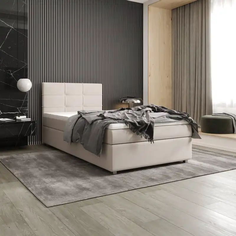 Boxspringbett Fresno 90x200 beige im modernen skandinavischen Stil mit gepolstertem Kopfteil Bett mit Staukasten Kracherpreis