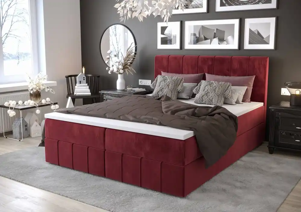 Schnäppchen Boxspringbett Casey 180x200 dunkelrot Bett im modernen skandinavischen Stil mit markantem Kopfteil