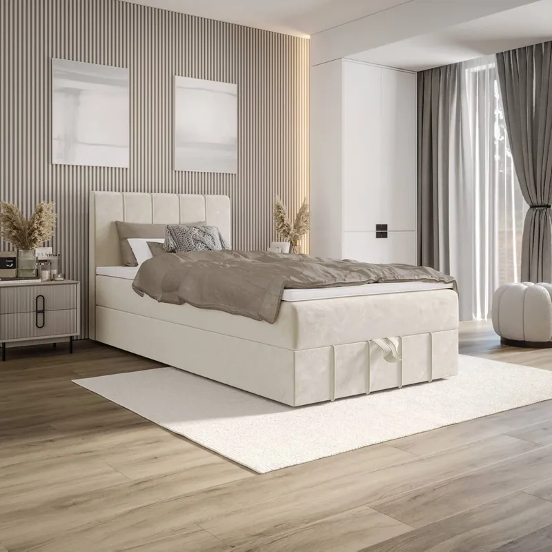 Neu Im Sortiment Boxspringbett Casey 90x200 beige im modernen skandinavischen Stil mit gepolstertem Kopfteil Bett mit Staukasten