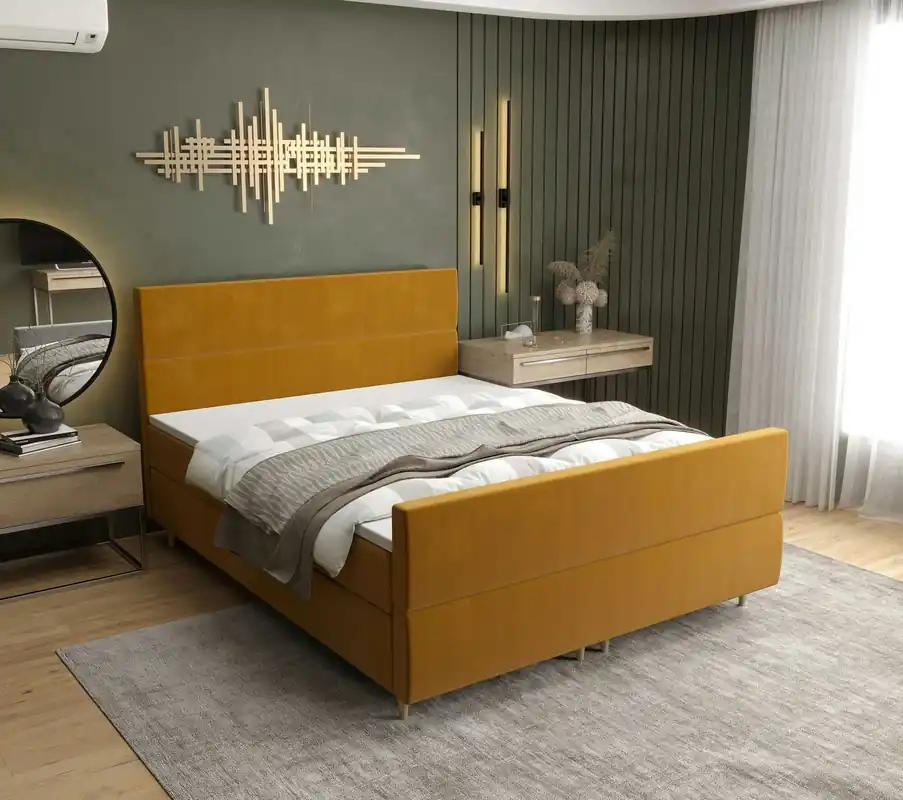 Boxspringbett Benet 160x200 Senfgelb moderner skandinavischer Stil mit charakteristischem Kopfteil Kontinentale Bett Echt