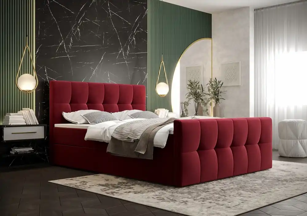 Boxspringbett Manhattan 180x200 burgunderrotes im modernen skandinavischen Stil mit gepolstertem Kopf- und Fußteil Preisknaller