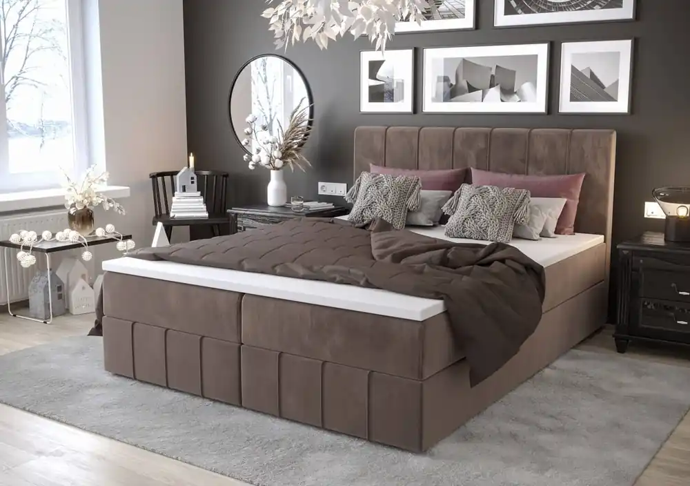 Neu Boxspringbett Casey 140x200 hellbraunes Bett im modernen skandinavischen Stil mit markantem Kopfteil