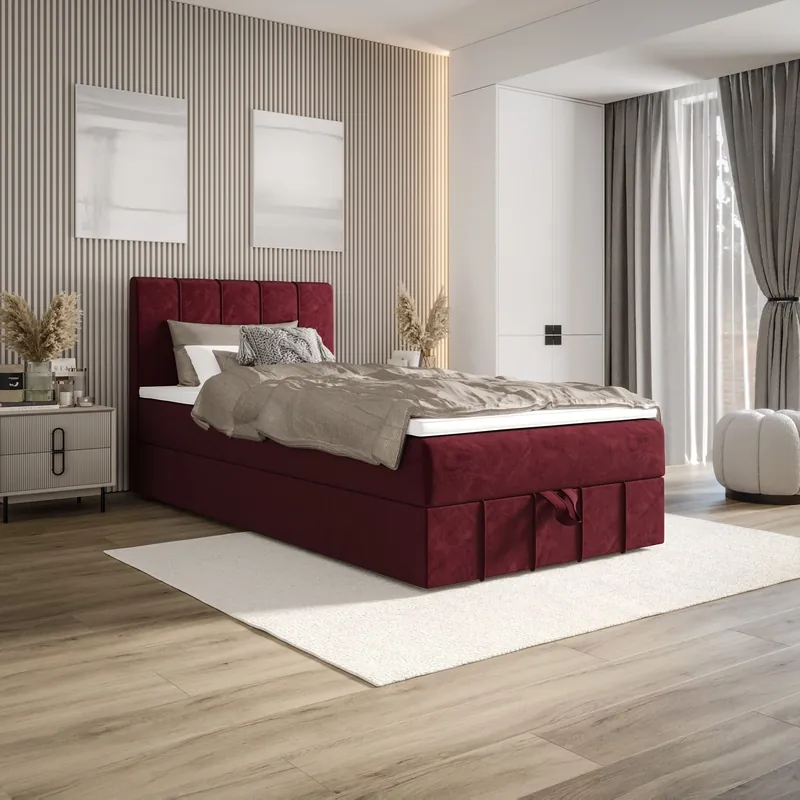 Meistverkauft Boxspringbett Casey 120x200 dunkelrot im modernen skandinavischen Stil mit gepolstertem Kopfteil Bett mit Staukasten