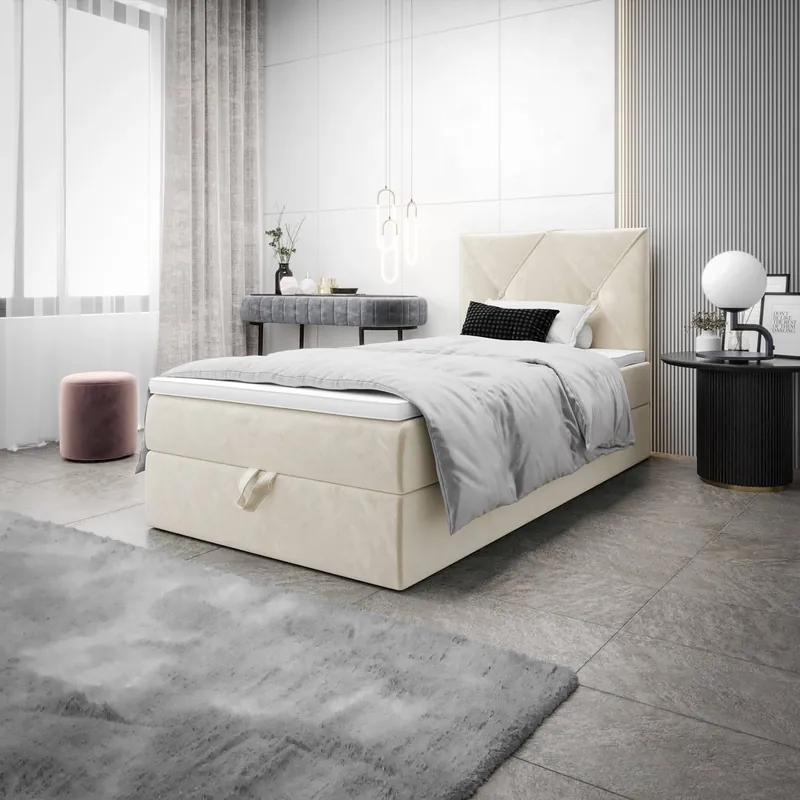 Boxspringbett Arvada 90x200 beige Bett im modernen skandinavischen Stil mit gepolstertem Kopfteil Bett mit Staukasten Sale