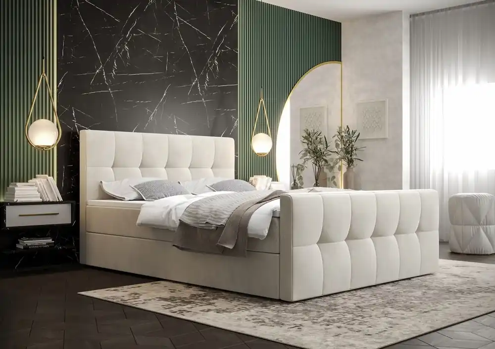 Aktuell Boxspringbett Manhattan 180x200 beige Bett im modernen skandinavischen Stil mit gepolstertem Kopf- und Fußteil