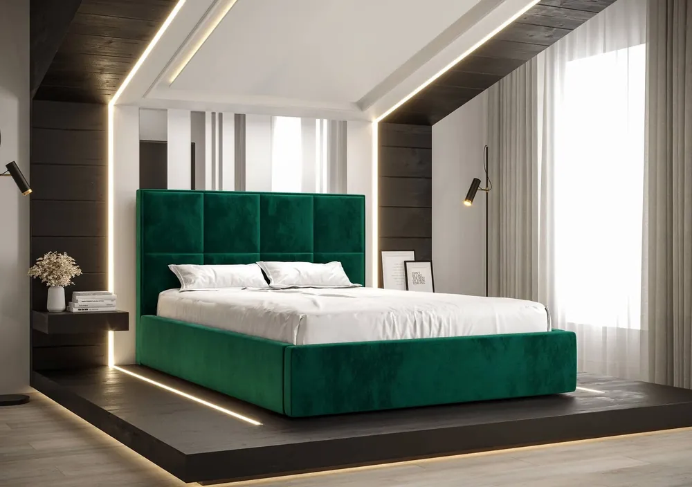 Jetzt Bestellen Polsterbett Aresa 140x200 mit Aufbewahrung Flaschengrün Modernes skandinavisches Stilbett mit bequemem Kopfteil