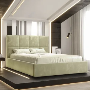 Ausverkauf Polsterbett Aresa 140x200 mit Aufbewahrung Beige Modernes skandinavisches Stilbett mit bequemem Kopfteil