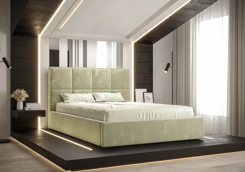 Ausverkauf Polsterbett Aresa 140x200 mit Aufbewahrung Beige Modernes skandinavisches Stilbett mit bequemem Kopfteil